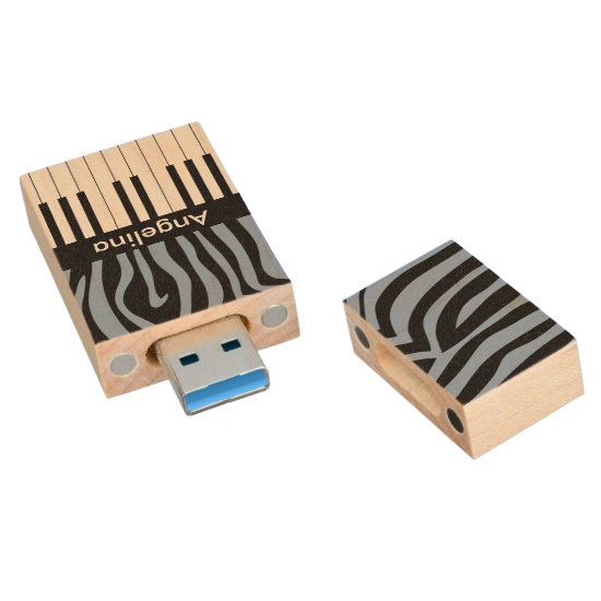 Piano Keys Sky Blue and black Zebra Print Wood Flash Drive