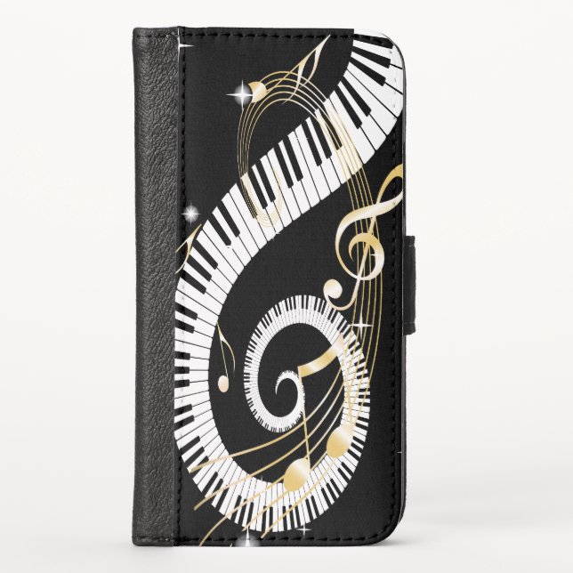 Piano Keys swirling Golden Music Notes iPhone Wallet Case (Front)