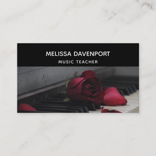 Piano Keys with a Red Rose Business Card (Front)