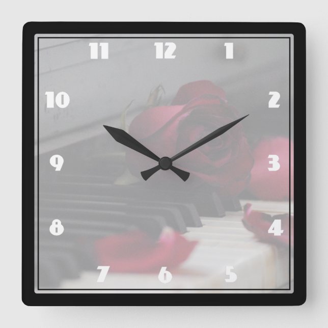 Piano Keys with a Red Rose Square Wall Clock (Front)