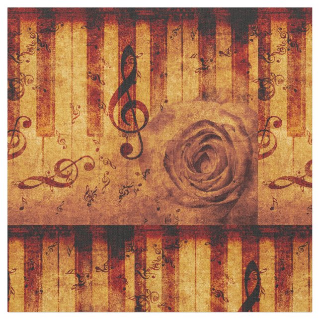 Piano keys with musical notes and rose fabric (Close Up)