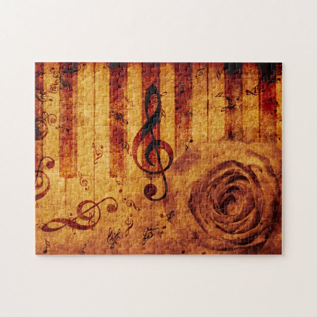Piano keys with musical notes and rose jigsaw puzzle (Horizontal)