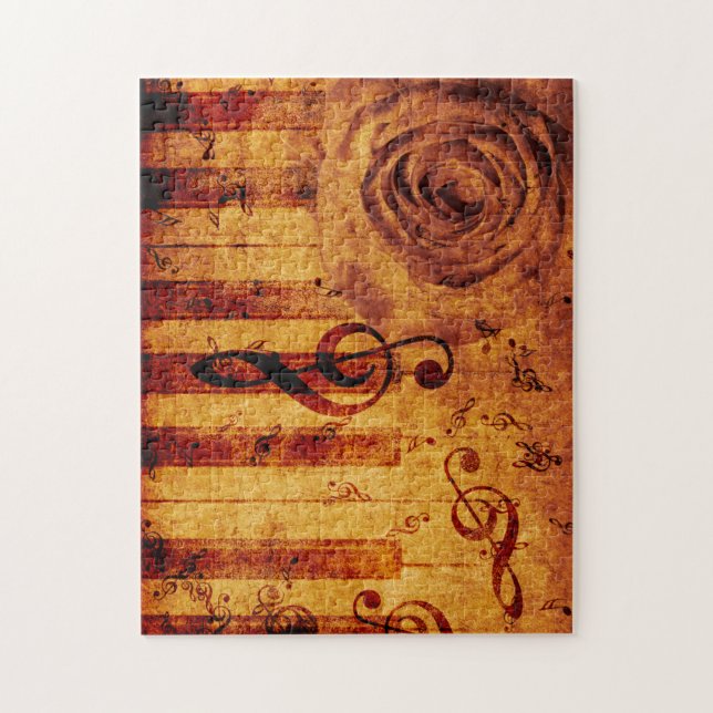 Piano keys with musical notes and rose jigsaw puzzle (Vertical)