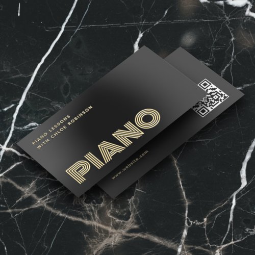 Piano Lessons Bold Luxury Unique QR Code Black Foil Business Cards