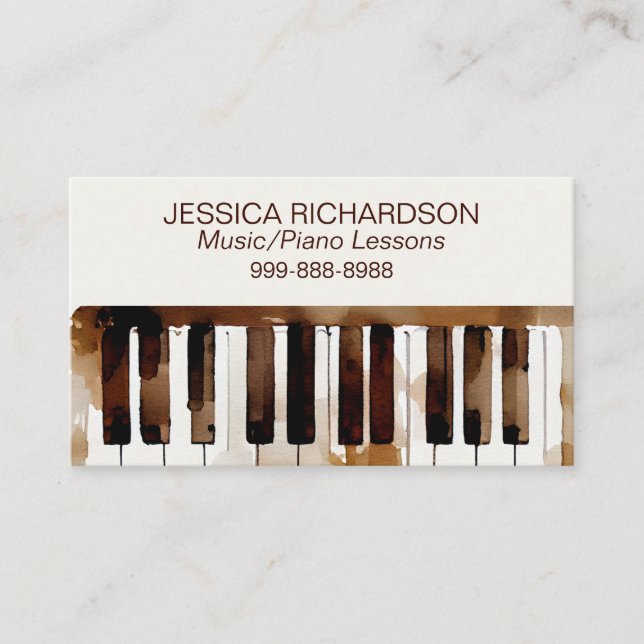 Piano Lessons Business Card Watercolor Keyboard (Front)