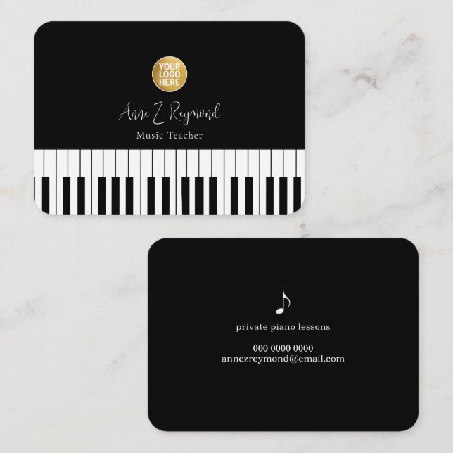 Piano Lessons Music Teacher elegant black Business Card (Front/Back)