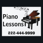 Piano Lessons Yard Sign<br><div class="desc">Earning a little extra income teaching piano or keyboard? Bring in more business with this attractive music lessons yard sign, with graphics of an baby grand piano with a wavy musical staff coming from the piano. Text in bold black is ready to personalize for your business. Design and text are...</div>