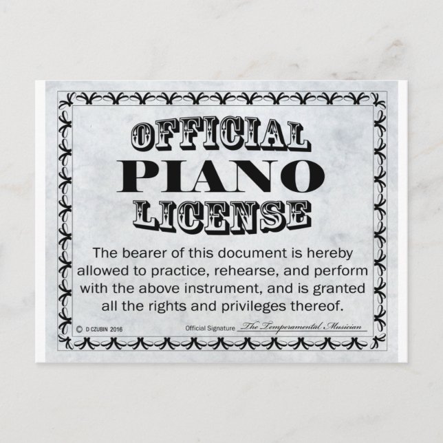 Piano License Postcard (Front)