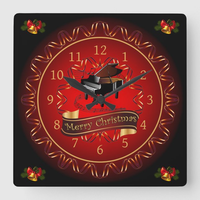 Piano ~ Merry Christmas ~ Maroon & Black ~  Square Wall Clock (Front)
