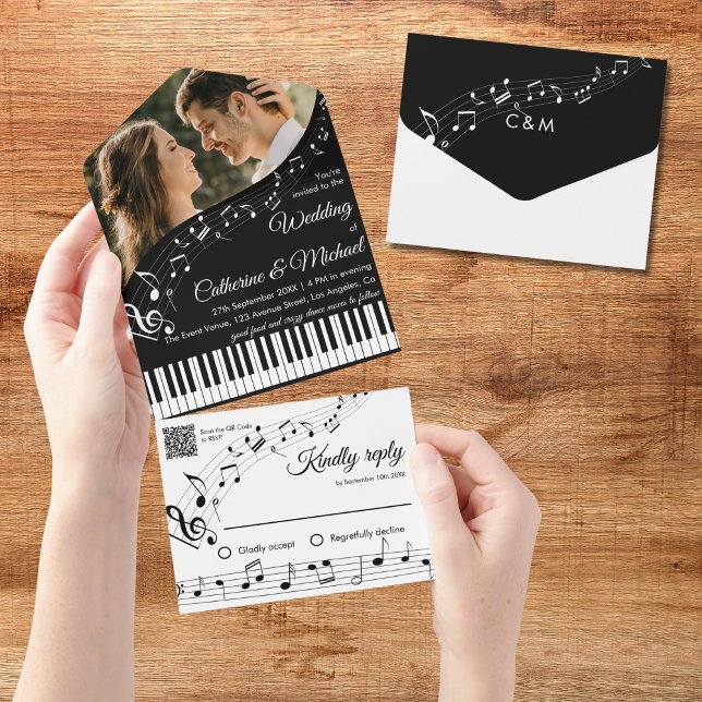 Piano Music Black & White Photo QR Code Wedding All In One Invitation (Creator Uploaded)