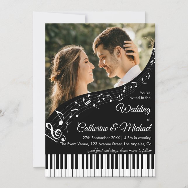 Piano Music Black & White Photo QR Code Wedding Invitation (Front)