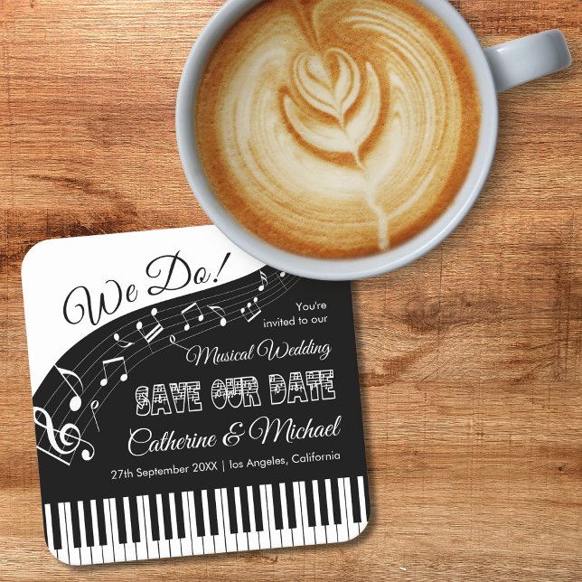 Piano Music Black & White Wedding Save The Date Square Paper Coaster (Creator Uploaded)