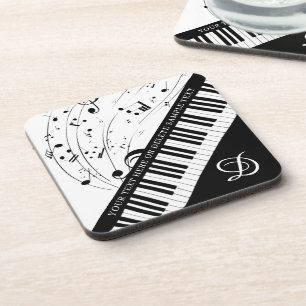 Piano Music Notes Monogram Black White Custom Beverage Coaster