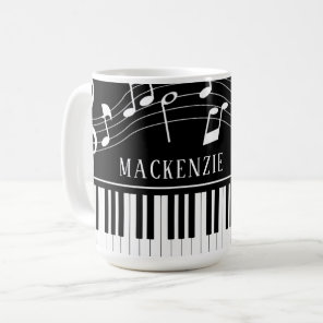 Piano Music Notes Script Name Black White Coffee Mug