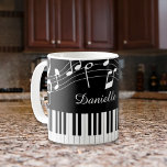 Piano Music Notes Script Name Black White Coffee Mug<br><div class="desc">Modern, stylish mug with piano keyboard and music notes in black and white personalized with a name in an editable handwritten script font style. Ideal for music teachers, musicians and music professionals. CHANGES: You can change the black background color or the text font style, color, size and placement by clicking...</div>