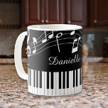 Piano Music Notes Script Name Black White Coffee Mug<br><div class="desc">Modern, stylish mug with piano keyboard and music notes in black and white personalized with a name in an editable handwritten script font style. Ideal for music teachers, musicians and music professionals. CHANGES: You can change the black background color or the text font style, color, size and placement by clicking...</div>