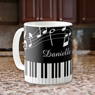 Piano Music Notes Script Name Black White Coffee Mug