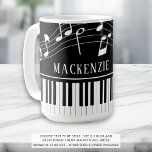 Piano Music Notes Script Name Black White Coffee Mug<br><div class="desc">Modern, stylish mug with piano keyboard and music notes in black and white personalized with a name or your custom text in an editable font style. Ideal for music teachers, musicians and music professionals. CHANGES: You can change the black background color or the text font style, color, size and placement...</div>