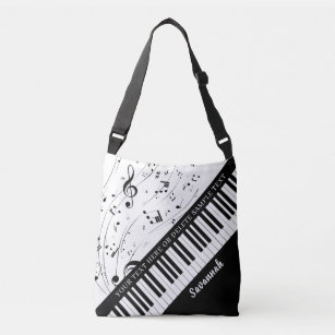 Piano Music Notes Script Name Black White Crossbody Bag