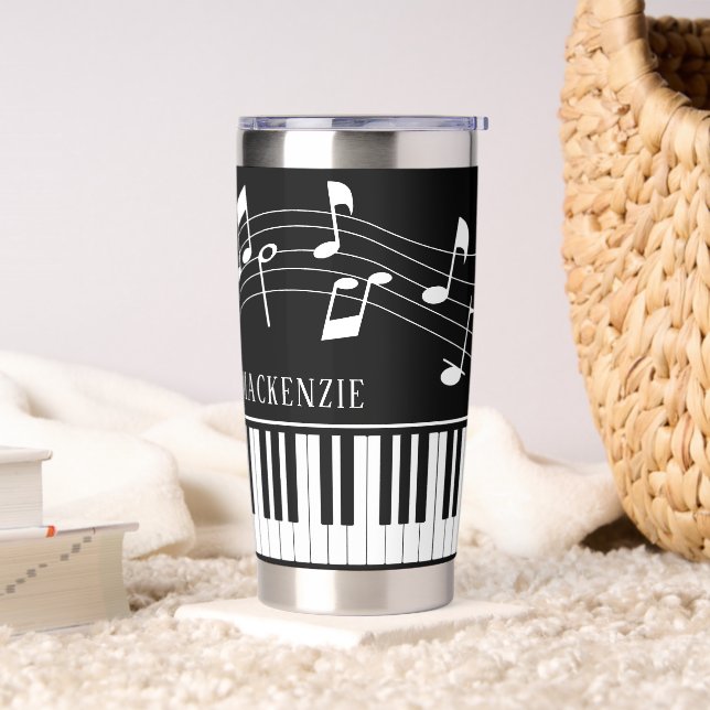 Piano Music Notes Script Name Black White Custom Insulated Tumbler (Living Room)