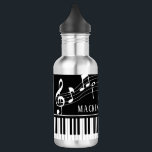 Piano Music Notes Script Name Black White Stainles Stainless Steel Water Bottle<br><div class="desc">Modern, stylish water bottle with piano keyboard and music notes in black and white personalized with a name or your custom text in an editable font style. Ideal for music teachers and students, musicians and music professionals. CHANGES: You can change the black background color or the text font style, color,...</div>