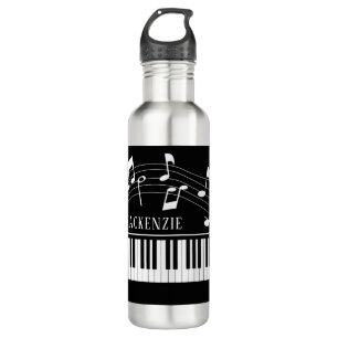 Piano Music Notes Script Name Black White Stainless Steel Water Bottle
