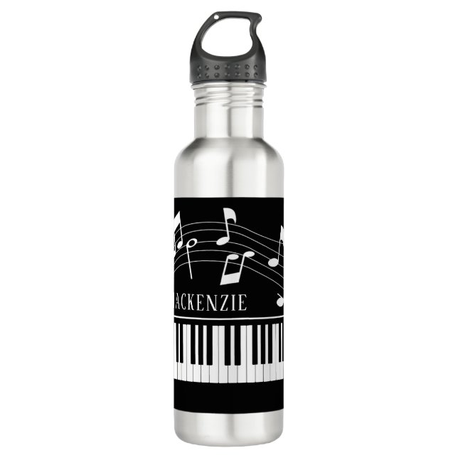 Piano Music Notes Script Name Black White Stainless Steel Water Bottle (Front)