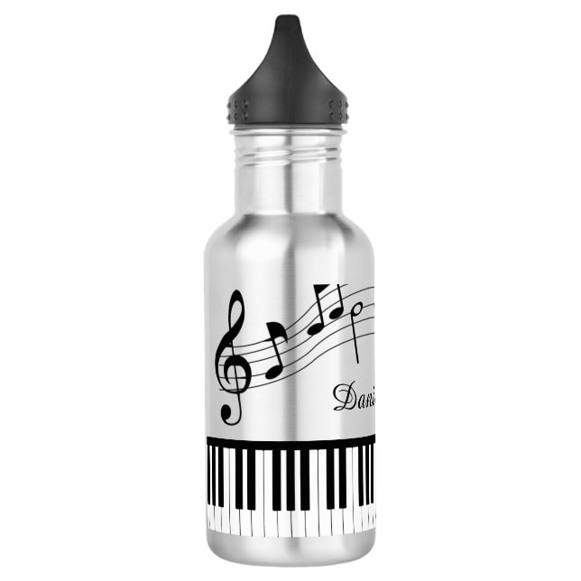 Piano Music Notes Script Name Black White Stainless Steel Water Bottle (Left)
