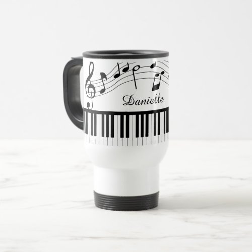 Piano Music Notes Script Name Black White Travel Mug