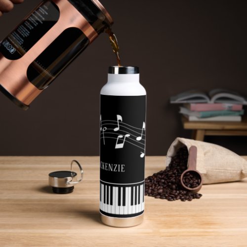 Piano Music Notes Script Name Black White Water Bottle