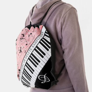 Piano Music Script Monogram Rose Gold Glitter Drawstring Bag