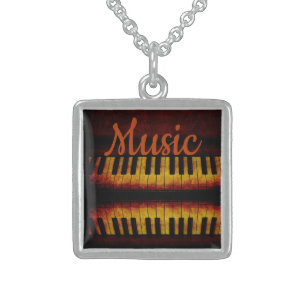 Piano & "Music" Sterling Silver Square Necklace