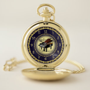 Piano Musical Scroll ~ Gold and Navy Blue ~  Pocket Watch