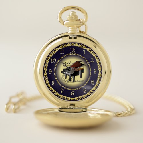 Piano Musical Scroll  Gold and Navy Blue   Pocket Watch