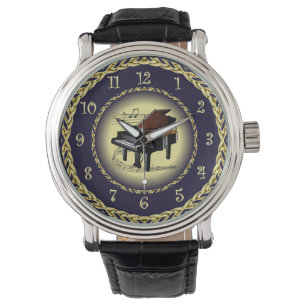 Piano Musical Scroll ~ Gold and Navy Blue ~ Watch
