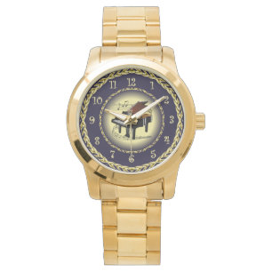 Piano Musical Scroll ~ Gold and Navy Blue ~ Watch