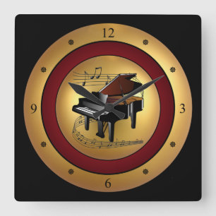 Piano~Musical Scroll~Gold/Maroon/Black Background~ Square Wall Clock