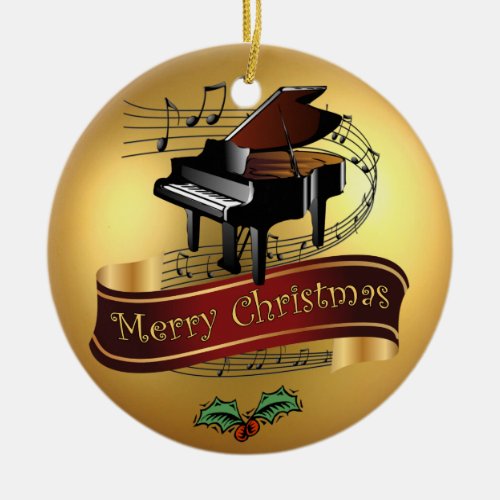Piano  Musical Scroll  Gold Merry Christmas Ceramic Ornament
