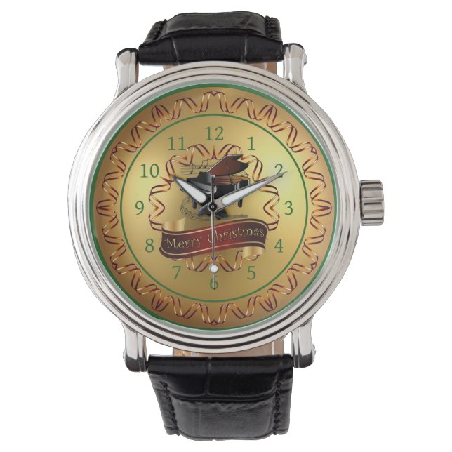 Piano ~ Musical Scroll ~ Gold “Merry Christmas”    Watch (Front)