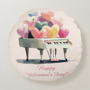 Piano of Love Hearts Valentine's Day Round Pillow