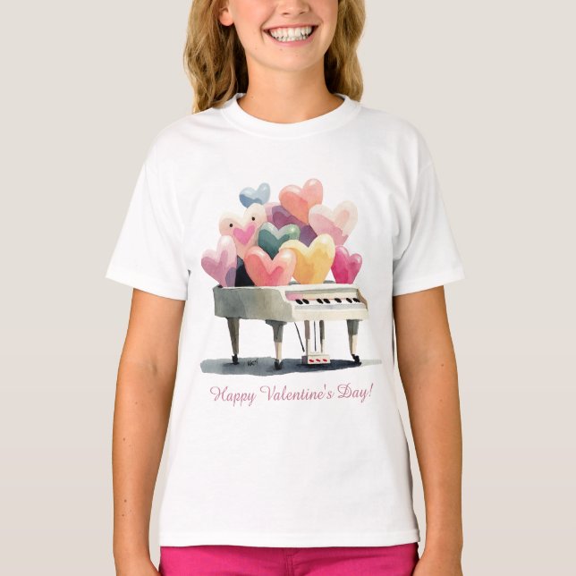 Piano of Love Hearts Valentine's Day T-Shirt (Front)