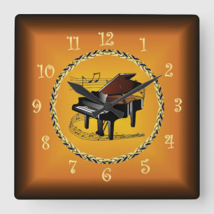 Piano On Musical Scroll Russet Orange Timepiece Square Wall Clock