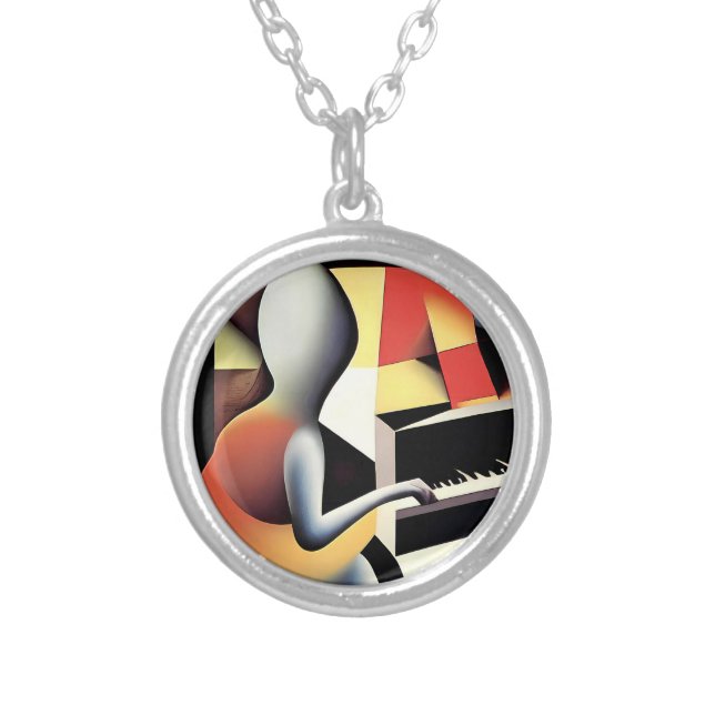 Piano Player - Airbrush Art Silver Plated Necklace (Front)