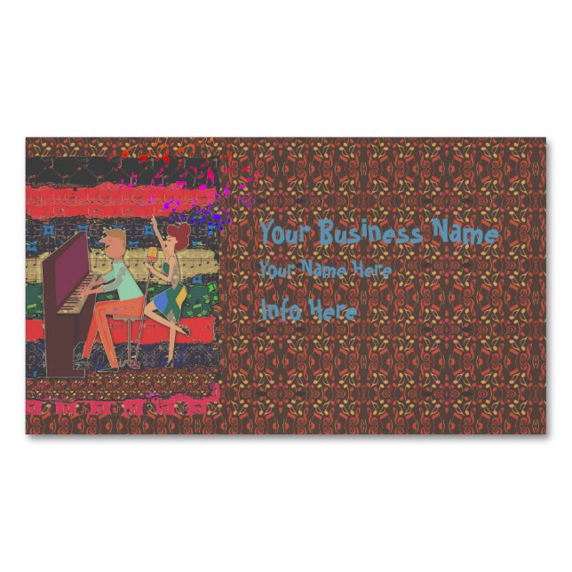 Piano Player And Music Notes 2 Business Card Magnet (Front)