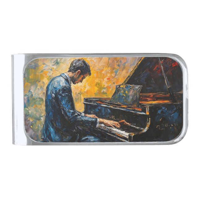Piano Player - Oil Painting Silver Finish Money Clip (Front)