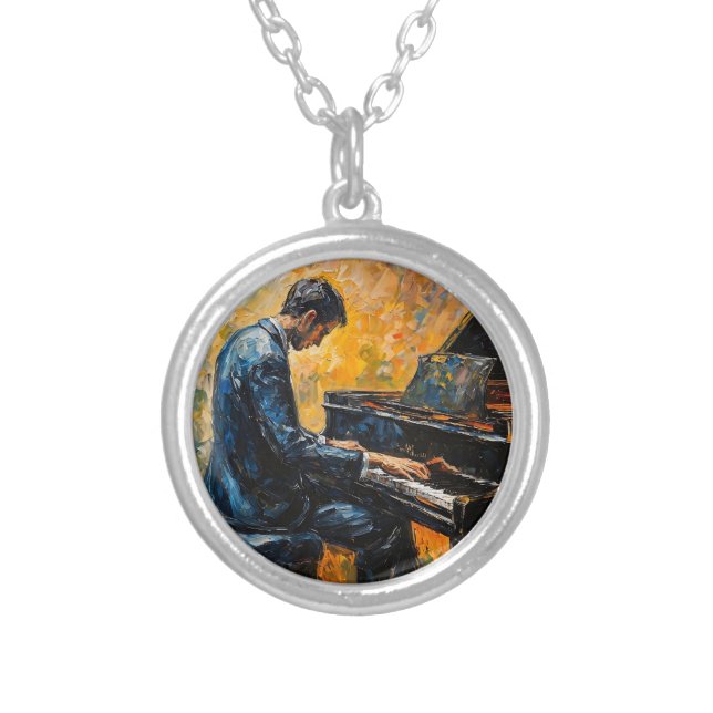 Piano Player - Oil Painting Silver Plated Necklace (Front)