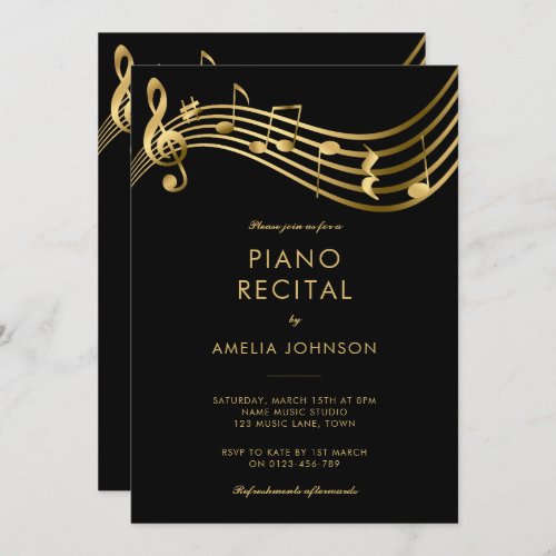 Piano Recital Gold Music Notes Elegant Invitation