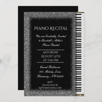 Piano Recital With Silver Glitter On Black Invitation by GlitterInvitations at Zazzle