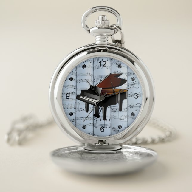 Piano ~ Rolled Sheet Music ~ Blue Tint Background  Pocket Watch (Inside)