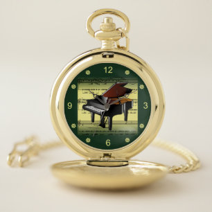 Piano ~ Rolled Sheet Music ~ Gold/Green Background Pocket Watch